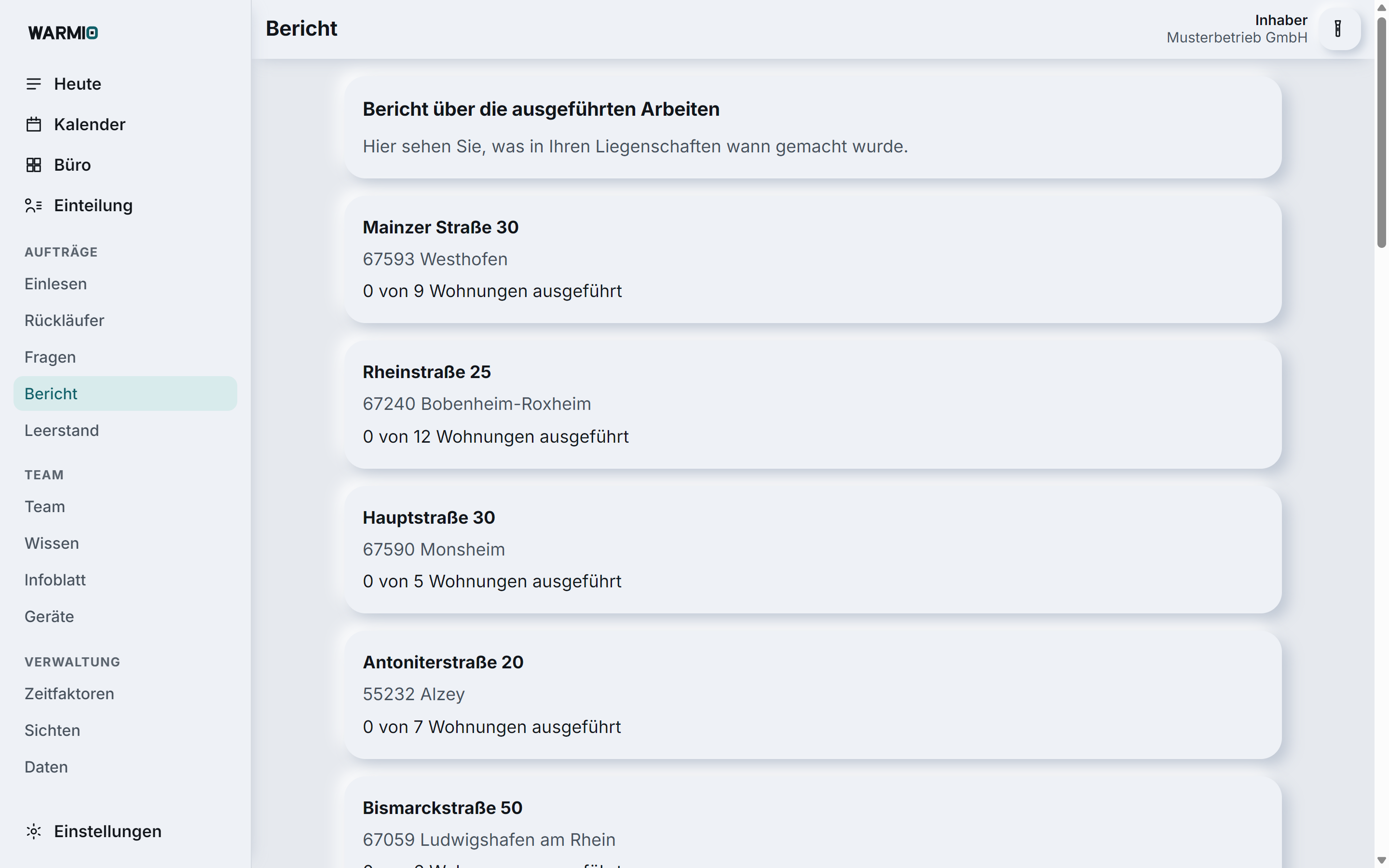 Warmio, Bericht für die Hausverwaltung: je Liegenschaft, in wie vielen Wohnungen gearbeitet wurde