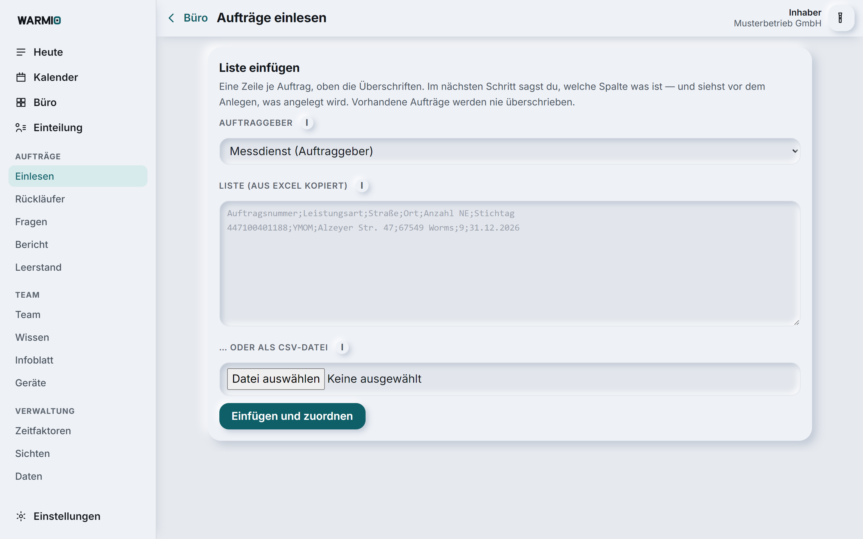 Warmio, Seite »Aufträge einlesen«: Auftraggeber wählen, Liste aus Excel einfügen oder CSV-Datei auswählen