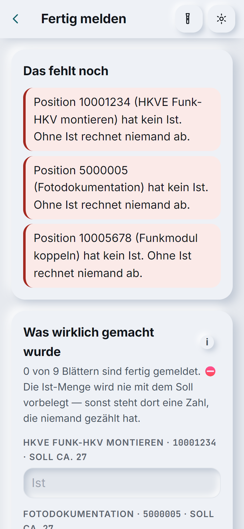 Warmio auf dem Smartphone: »Fertig melden« mit der Liste, was noch fehlt, und dem Ist-Feld je Position
