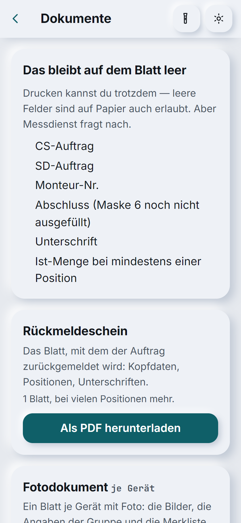 Warmio auf dem Smartphone: Dokumente mit Hinweis, was auf dem Blatt leer bleibt, und Knopf »Als PDF herunterladen«