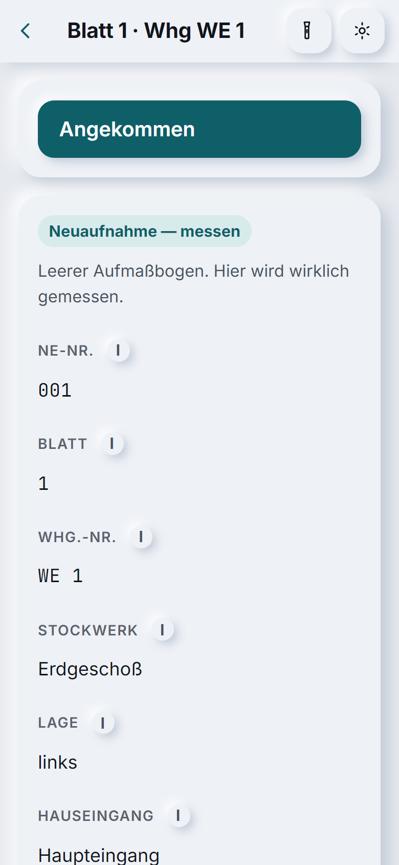 Warmio auf dem Smartphone: Blatt für eine Wohnung mit Knopf »Angekommen«, Nutzeinheit, Stockwerk und Lage